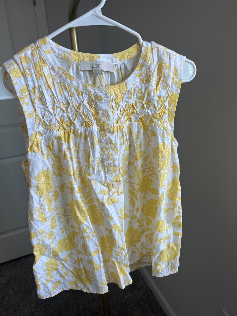LOFT White and Yellow Floral Smocked Sleeveless Top